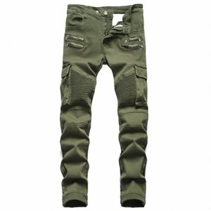 Denim Jeans hommes pantalons d'équitation armée vert moto Jeans conception droite grande taille pantalon pantalons décontractés P9AE #