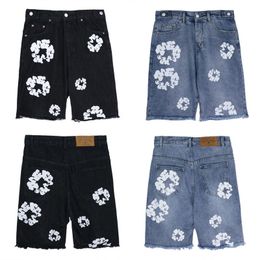 Jeans jeans pantalones cortos para hombres diseñadores jean corto jean para hombres lujo alta qulity agujeros rectos impresos de flores apretadas