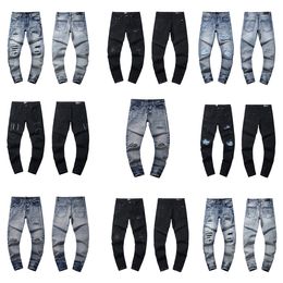Denim jeans broek knie mager rechte maat 30-38 motorfiets trendy lange rechte hoog-end kwaliteit heren paarse jeans ontwerper Jean Men Hole High Street Denim