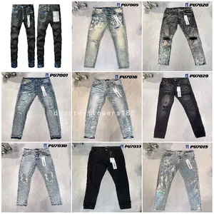 Denim jeans broek knie mager rechte maat 28 40 motorfiets trendy lange rechte high -end kwaliteit heren paarse jeans ontwerper Jean Men Women Hole High Street Denim