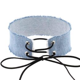 Denim Jeans Wide Choker Kettingen Gothic Kant Bandage Verstelbare Ketting Halsband Kraag Vrouwen Meisjes Mode-sieraden