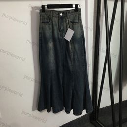 Denim jupe longue feuille de Lotus balançoire conception femmes taille haute mince Denim demi-jupe queue de poisson mode jupe en jean