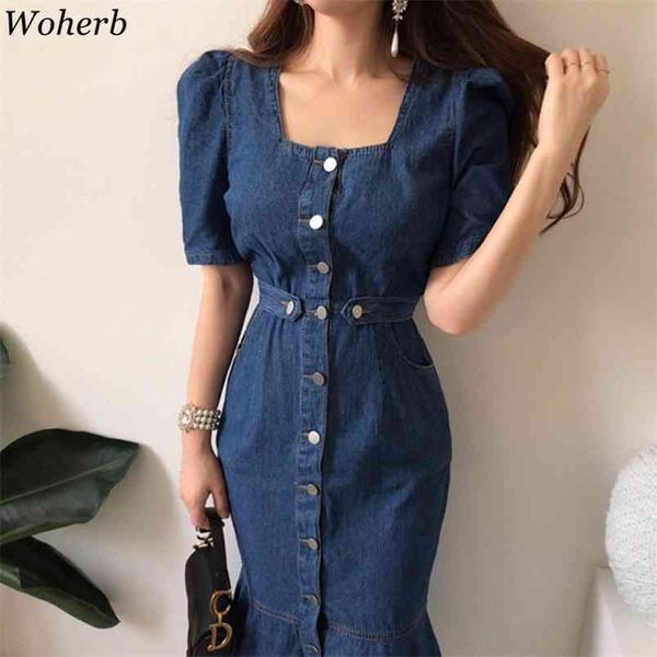 Denim Robe de sirène Femmes Élégante Moulante Robe coréenne Taille haute Col carré Maxi Robes Robes à simple boutonnage 210519