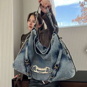 Denim motortas dames okseltassen vivi designer tas metalen planeet totebag heren dames handtas grote capaciteit crossbody b ag