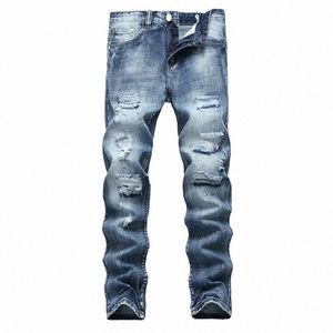 Denim Pantalon Trou Ruiné Nouvelle Marque Célèbre Streetwear Hommes Jeans Ripped Biker Haute Qualité Patch Droit Jeans Plus Taille Z6uN #