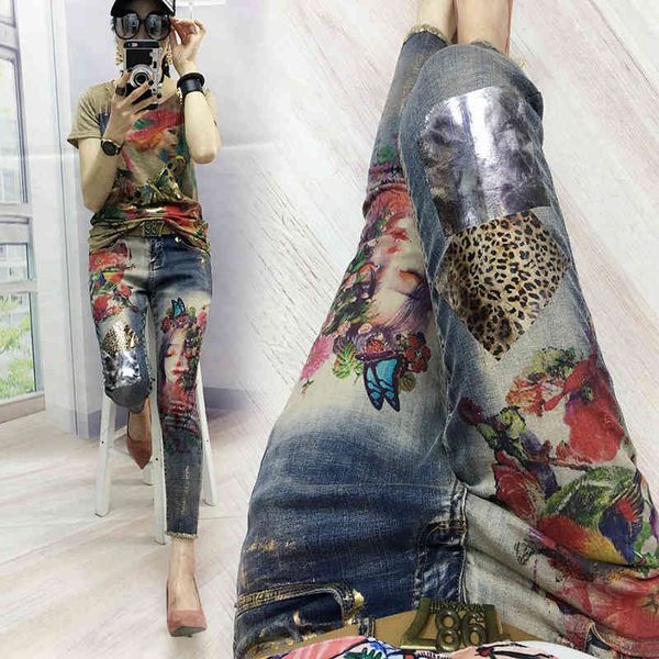 Pantalon en denim peint Blondie Jeans Femme Printemps Automne Femmes Ins Super Fire Mode Impression Pantalon Femme A3550 210428