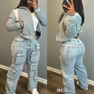 Pantalon en denim Femmes Streetwear Zipper Fly Multi Pocket Side Cargo Straight Pant 2024 Fashion Wide June en vrac Pantalon