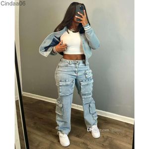 Denim Broek Vrouwen Streetwear Rits MultiPocket Side Cargo Rechte Broek 2024 Mode Wijde Pijpen Jeans Broeken Outfits