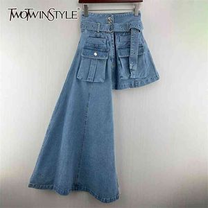 Jupe de poche en denim patchwork pour femmes taille haute asymétrique ourlet irrégulier jupes streetwear mode féminine 210521