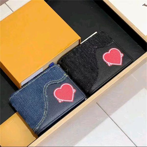 Monedero de mezclilla Cartera de diseñador unisex con diseño de corazón rojo Carteras de moda Bolsa de tarjetas para mujeres para hombres y mujeres