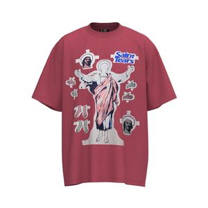 Denim Rouge Jeasus Saint Couleur Larmes Imprimer Michael T Chemises De Grande Taille T-Shirts Hommes Vintage Acide Lavé Surdimensionné Streetwear Tee Femmes - ee