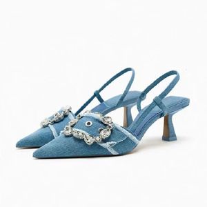 Denim strass paillettes femme pompes mariage mariée Slingback bout pointu Stilito talon bas élégant dames chaussures 240126