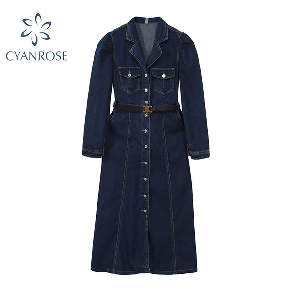 Chemises en denim robes femmes printemps taille haute mince avec ceinture col en V simple boutonnage bleu vintage OL droit jean robes 210417