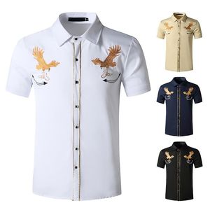 Denim shirts voor mannen western cowboy geborduurde korte mouw knop zwart wit shirt heren casual