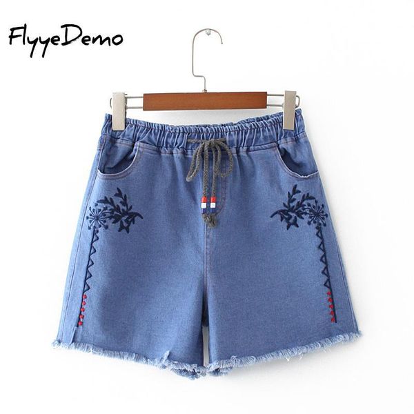 Denim Shorts Fleur Brodé Jeans Femmes Lâche Casual Boho Bleu Pour Femme Féminine Floral Taille Élastique Plus Taille Femme