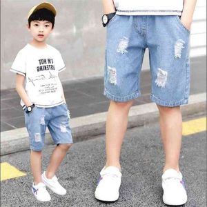 Short en jean pour enfant garçon été déchiré jean court enfants décontracté bleu clair solide jean pantalon enfants Denim 110-160 cm 210723