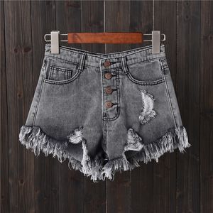 Denim shorts met grijze rij gesp, grote maat jeans, vrouwelijke zomer, dunne broek met wijde pijpen