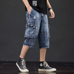 Denim Shorts Jeans 3/4 Hommes Trou Poches Latérales Culotte Jean Détruit Mollet Pantalon D'été Déstressé Pantalon Homme Style Cargo Jeans 210622