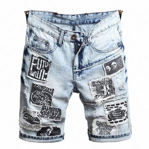 Denim Shorts hommes déchiré patché jean été Streetwear décontracté bleu clair régulier droit genou longueur pantalon W2w5 #