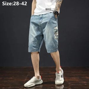 Denim shorts zomer mannen casual losse plus maat 42 40 38 knie lengte fit boy tiener jeans mannelijk uitgerekt grote halve broeken 240410