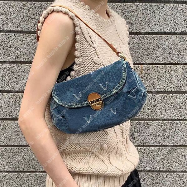 Bolsos de hombro de mezclilla para mujer, bolso de cuero de lujo, bolso de hombro de diseñador Hobo para mujer, bolso de marca con estampado de letras clásicas