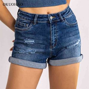 Denim Skinny Shorts Femmes Taille Haute Jean Plus La Taille Déchiré Casual Slim Femme Court Mode Élastique Bleu Lavé Dames D'été 210719