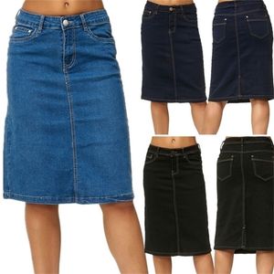 Jupe en jean femmes mode Casaul Stretch genou longueur lavé bleu jupes grande taille poches couleur Pure bureau femme 210621