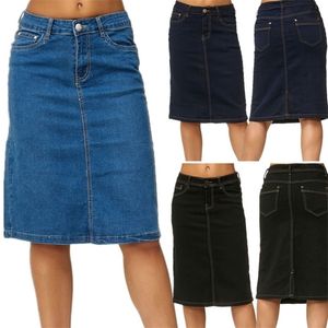 Jupe en jean femmes mode Casaul Stretch genou longueur lavé bleu jupes mode poches couleur Pure bureau femme 220317