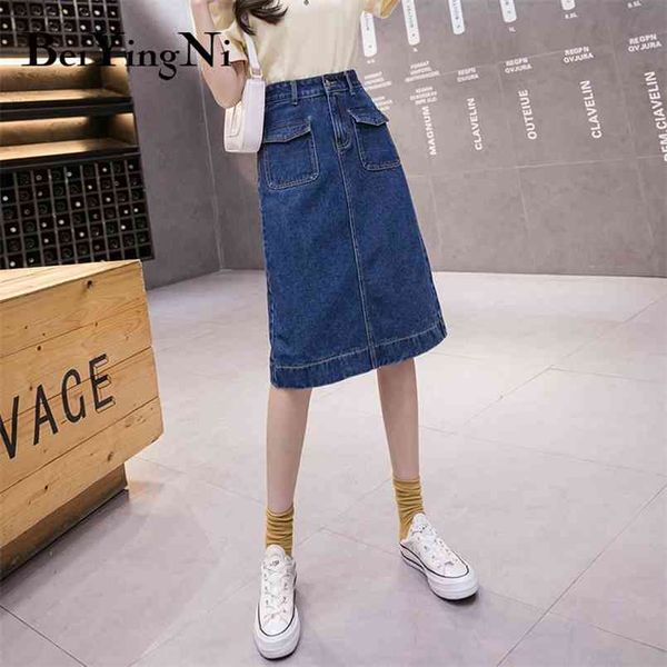 Denim Jupes Femmes Bleu Vintage High Street Poches Casual Coréen Chic Midi Jeans Dames Plus La Taille Une Ligne 210506