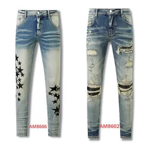 jeans arruinados lágrimas de mezclilla Jeans de hombre jeans bordados Jeans azules de la calle estadounidense azul rasgado desgastado Pintura amarilla americana desgastada Jeans de hombre desgastados