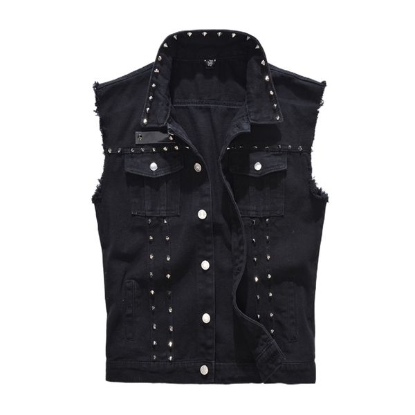 Denim Gilet Hommes Punk Rock Rivet Cowboy Noir Jeans Gilet De Mode Moto Style Sans Manches Veste M-5XL 210923