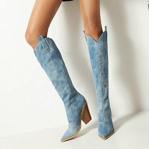 Denim vrouwen 139 mode westerse knie dij hoge hakken herfst winter cowboy lange laarzen slip op vrouw schoenen big size 43 230807 267