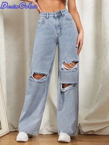 DenimColab trou lavé jambe large pantalon jean femme ample petit ami jean 100% coton maman jean pantalon décontracté Denim pantalon 240301