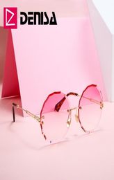 DENISA Vintage lunettes de soleil rondes femmes hommes 2019 mode lunettes sans monture rétro rose lunettes de soleil femmes UV400 zonnebril dames G186048047535