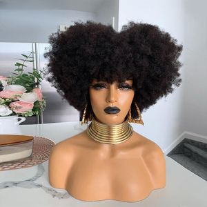 Dichtheid 180% Kortgesneden Bob Mongolian Afro Kinky Kinky Kinky Human Hair met pony voor zwarte vrouwen Glueless Geen volle kanten voorpruiken