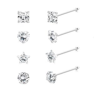 Grills dentaires 8pcs 925 anneaux de nez en argent sterling goujons m rond carré étoile amour coeur formes assorties CZ zircon corps piercing bijoux 230906