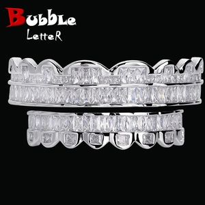 Parrillas dentales Bubble Letter Baguette Edition Top Model Lujoso Look Dientes Chapado en oro blanco Hip Hop Jewelry 2023 Drop Trend 230727