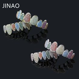 Parrillas dentales JINAO Color plata Iced Out Gold Crystal Jewelry Top Bottom 8 dientes cuerpo Hip Hop Bling AAA Cubic Zircon hombres 230614