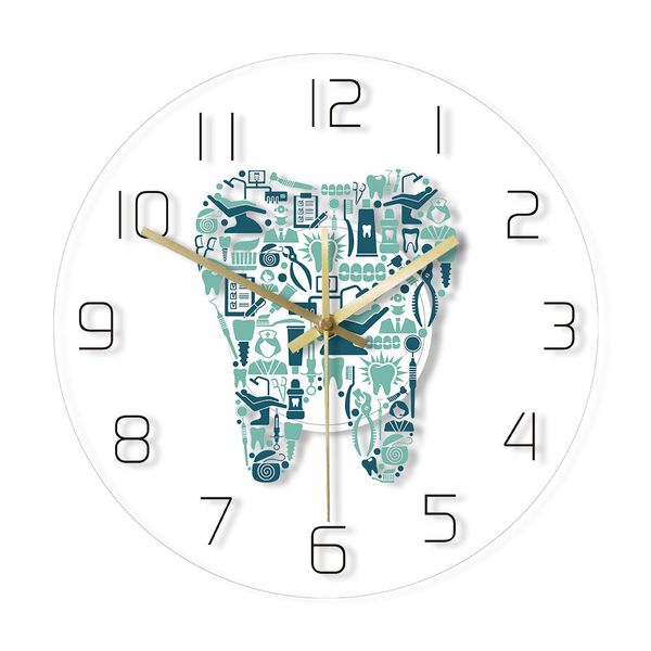 Dentisterie dent horloge murale symboles de soins dentaires acrylique horloge suspendue mouvement silencieux montre murale département dentaire décor mur signe 201118