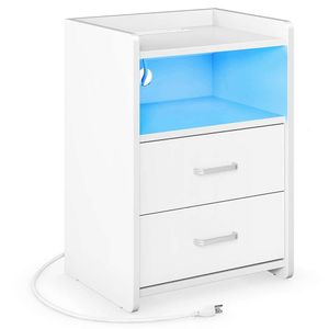 DEPAD Station de recharge et bande lumineuse, avec 2 tiroirs, table d'appoint de chambre à coucher, table de chevet LED blanche (13,75 de profondeur, 15,75 de largeur x 23,62 pouces de hauteur)