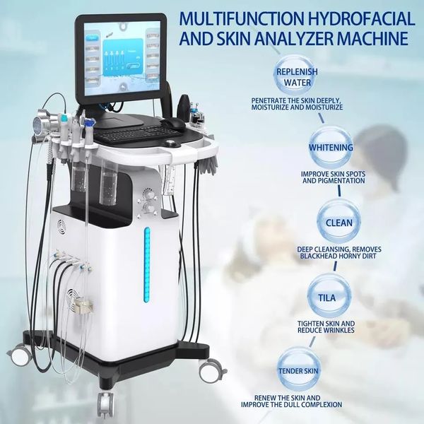 Dermabrasion 13 en 1 Hydra Beauty Machine faciale Nettoyage Aqua Peeling Ultrasons Hydra Machine avec test d'analyseur de peau