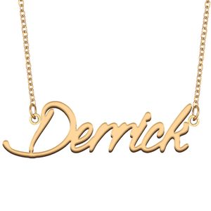 Derrick nom collier pendentif pour femmes filles cadeau d'anniversaire plaque signalétique personnalisée enfants meilleurs amis bijoux en acier inoxydable plaqué or 18 carats