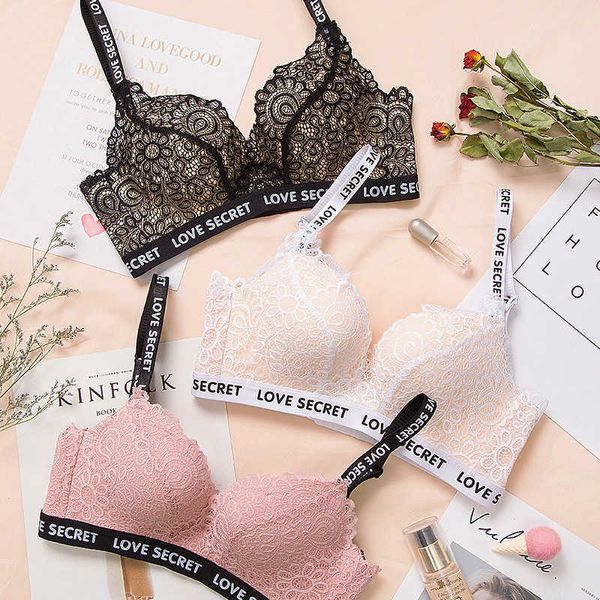 DERUILADY, 2 uds., sujetador con tiras y letras florales de encaje, lencería Sexy de talla grande para mujer, Bralette inalámbrico ajustado cómodo, sujetador de realce para mujer 210623