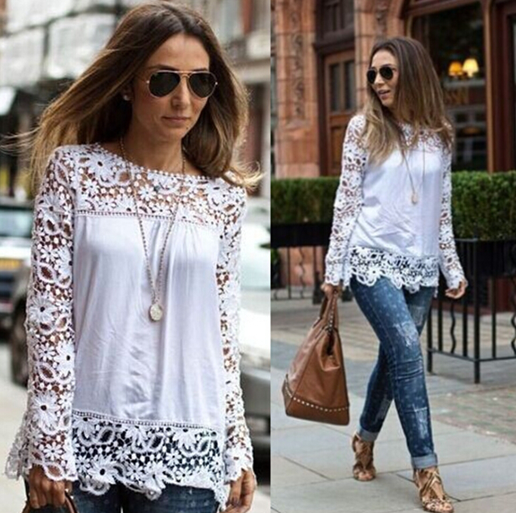 2015new Spring Women Glamorous Lace Patchwork White Long Sleeve T Shirt