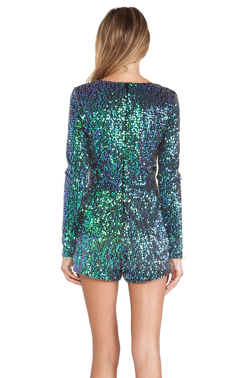 High Quality New Arrival 2016 European Style Blue Sequins Bodysuit