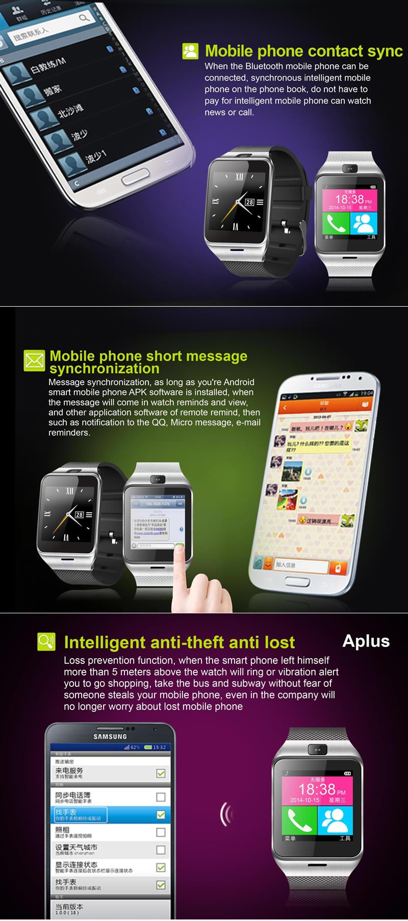 Wearable Aplus Smart Watch Phone GV18 1.54 Bluetooth Smart Phone