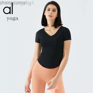 Desginer aloë yoga top shirt kleding korte vrouw yogas nieuw pak korte mouwen dames vneck slank fit lopende sport t -shirt hoog elastische dubbelzijdige brokaat fitheid