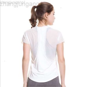 Desginer Aloë Yoga Top Shirt Clede Woman dezelfde zomer dames zachte en ademende sportfitness korte mouwen t-shirt mesh terug