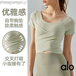 Desginer Alooo Yoga Top Shirt Clede Korte Vrouw lente/zomer nieuwe top dames één stuk cross fold sport korte mouw fitness pak met borstkussen