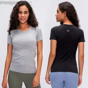 Desginer Alooo Yoga Top Shirt Clothe mujer corta nueva para mujer camiseta de cuello redondo de manga corta que corre fitness top slim estilo transpirable estilo básico